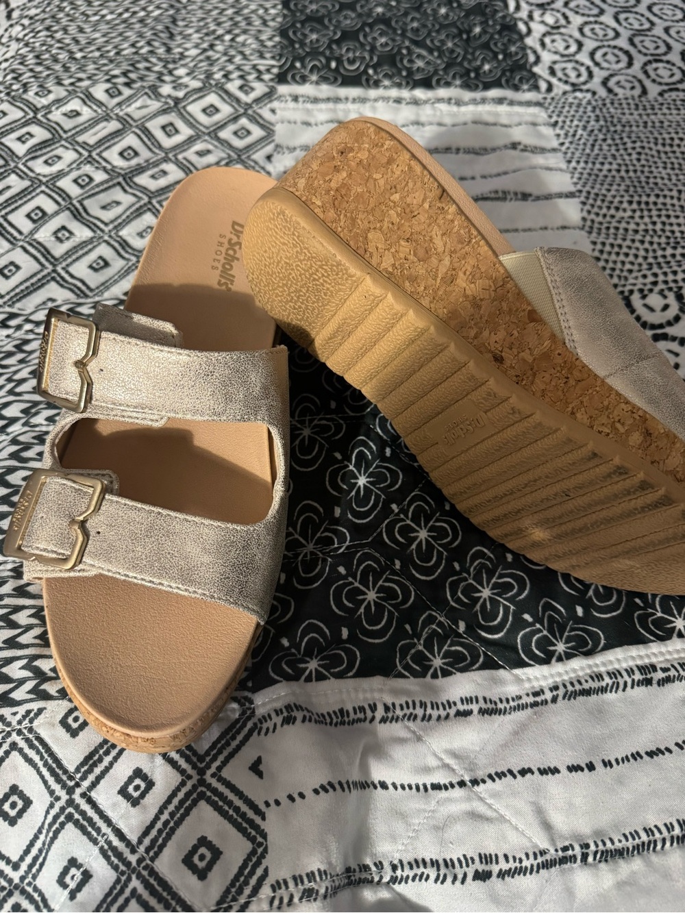 Dr. Scholl's Metallic Gold Dual-Buckle Cork Wedge Slide Sandals